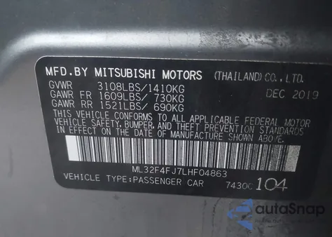 2020 Mitsubishi Mirage G4 Le z USA, uszkodzony, nr VIN ML32F4FJ7LHF04863